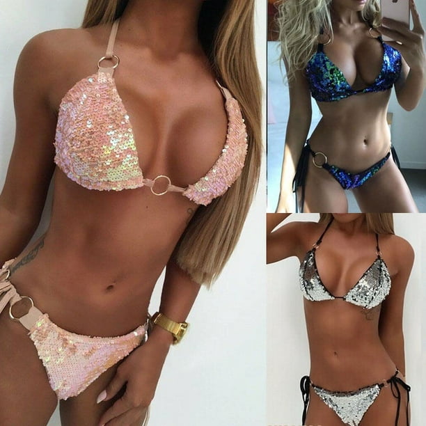 BeautyIn Women Sexy Ruched String Bikinis Swimsuits High Cut Tie Side Two  Piece Bathing Suits