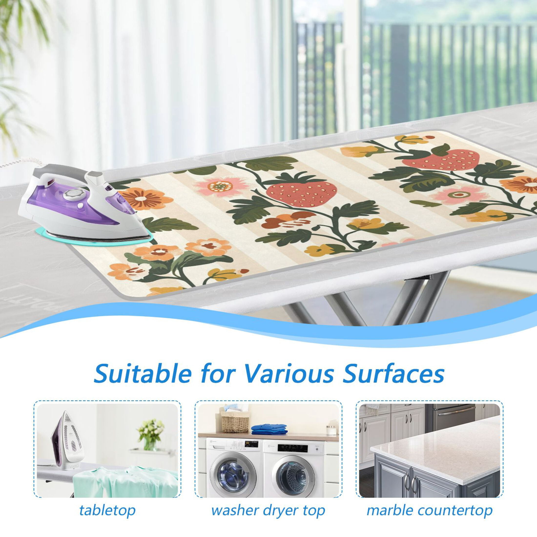 Vintage Vertical Stripes Strawberries Florals Leaves Ironing Mat Blanket Portable Travel Ironing Pad Heat Resistant Pad 47.2" x 27.6”