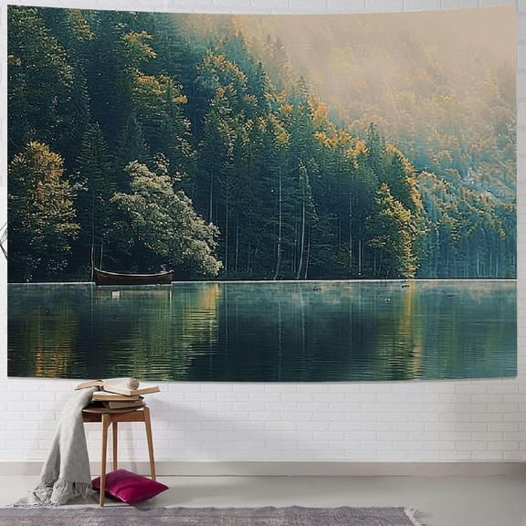 JRXY Tapestry Wall Hanging Foggy Coniferous Forest View River Adventure Lake Wild Landscape Nature Scenic Parks Outdoor Park Cool Tapestry for Bedroom Wall Decor Painting
