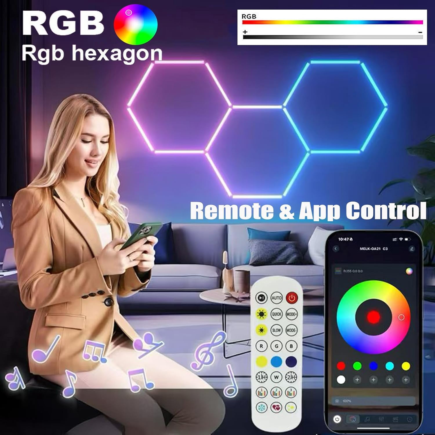 RGB Hexagon Garage Lights, LED Hexagon Lights for Gaming Room, Smart App & Remote Control, DIY Honeycomb Ceiling Light for Studio Gym Basement Decor
