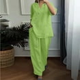 thumbnail image 2 of Hueook 2 Piece Sets For Women Fall Women's Solid Color And Linen Quarter Sleeved Wide Leg Pants Button Decoration Two-Piece Set Suits Green S, 2 of 6