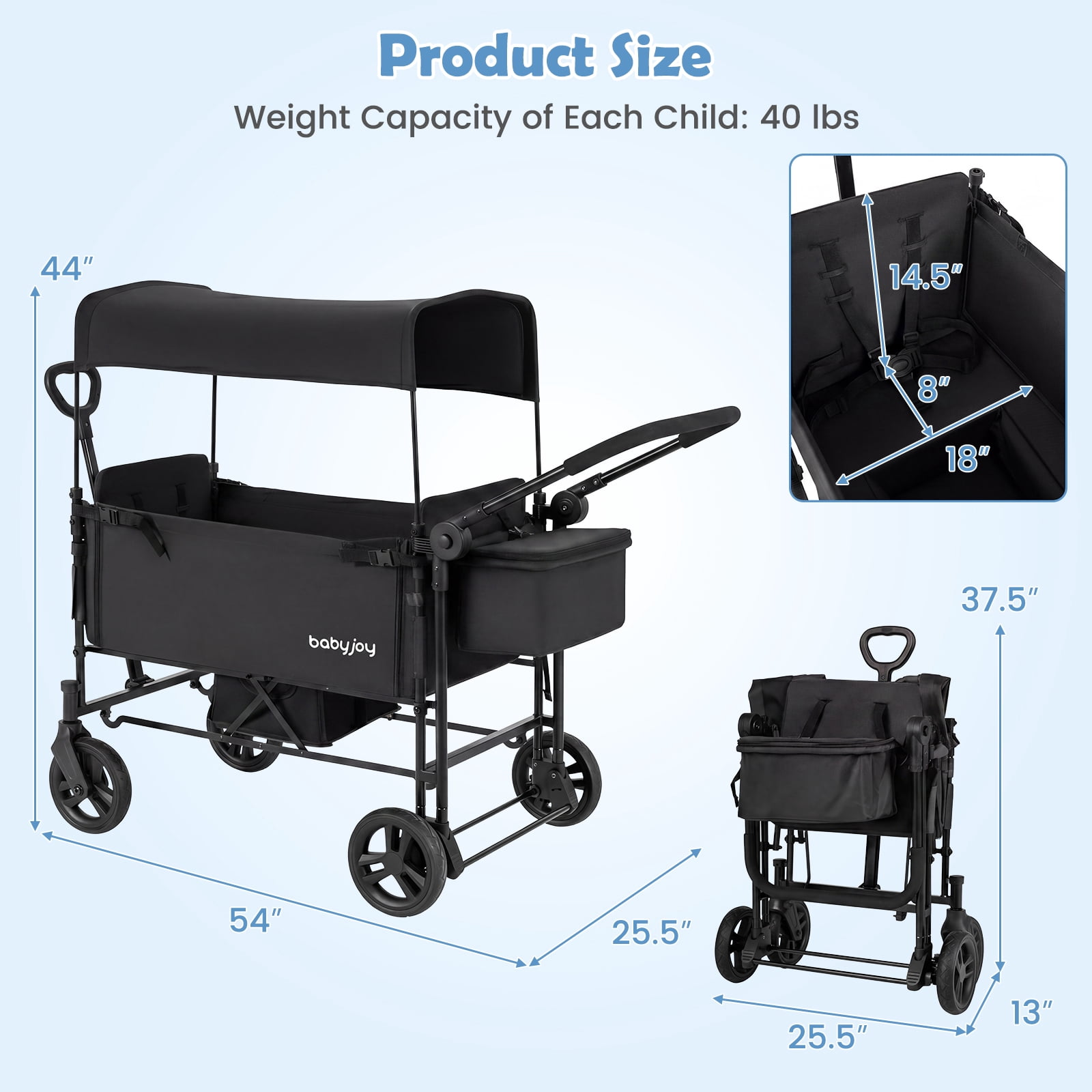 Babyjoy Foldable Wagon Stroller ,Baby Stroller with Removable Canopy,Adjustable Handle Black