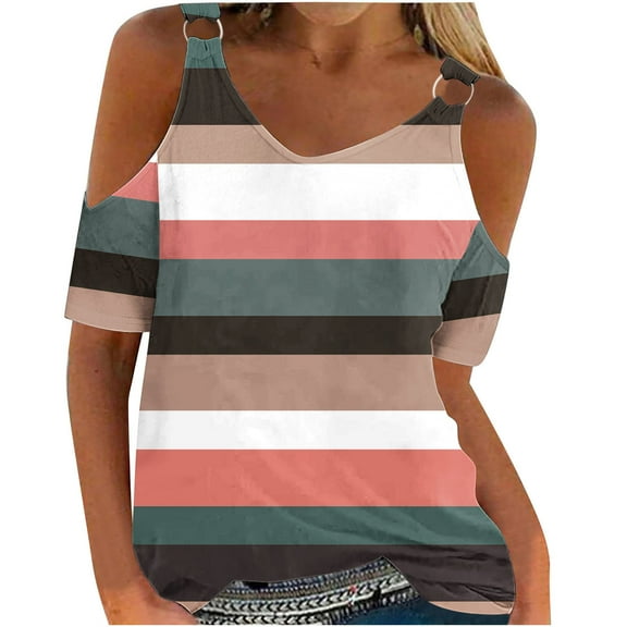 Uaswgudfs 2025 Women's Blouse with Striped Pattern - V Neck Casual Cold Shoulder Short Sleeve Summer Top | Versatile for Everyday Use, Loose Fit Basic Shirt