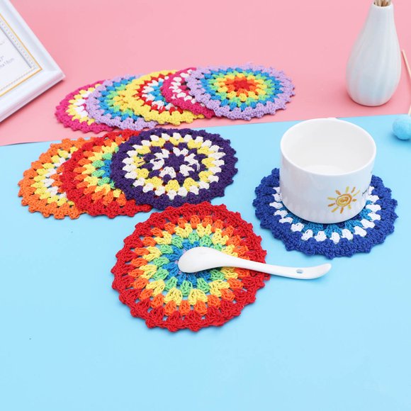 Minkissy 10pcs Crochet Flower Coasters Assorted Color Round Coasters For Home Decoration
