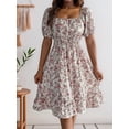 thumbnail image 4 of Women's Short Sleeve Floral Print Square Neck Tie Waist Ruffled Hem Midi Dress for Summer Casual White S, 4 of 8