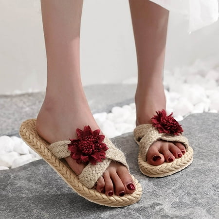 

Women S Slippers Spring And Summer Imitation Straw Woven Women Flat Sandals And Flip Flops Sunflower Beach Slippers Shoes For Women Eva Wine 39