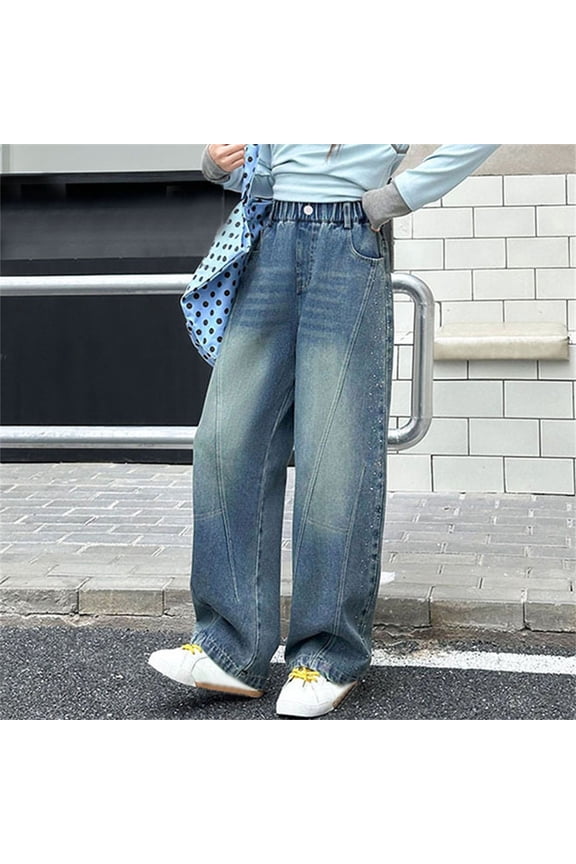 Girl Pants Size 3-4Y Kids Rhinestone Curved Straight Leg Jeans Loose Solid