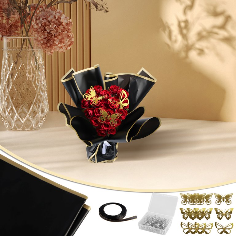 20 Sheets Champagne Flower Wrapping Paper, 22.24 X22.24 Inch Floral Bouquet Wrapping Paper Gold Edge Waterproof Flower Paper Wrap With 1 Roll Ribbon 40 Yards