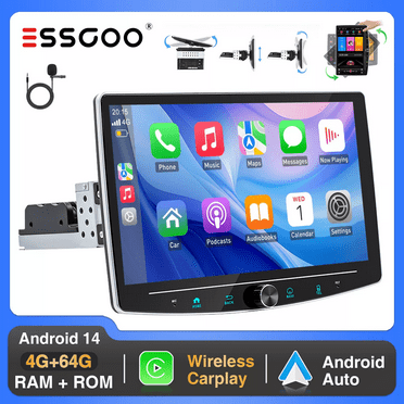 ESSGOO 10.1“ 4 64G Apple CarPlay Single 1 DIN Rotatable Car Stereo Radio Touchscreen Android 14 Bluetooth WIFI GPS Navigation  Head Unit FM