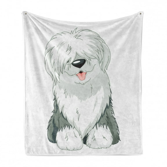 English Sheepdog Soft Flannel Fleece Blanket, Illustration of Domestic and Fluffy Sitting Animal on Plain Background, Cozy Plush for Indoor and Outdoor Use, 60" x 80", Off White Grey, by Ambesonne
