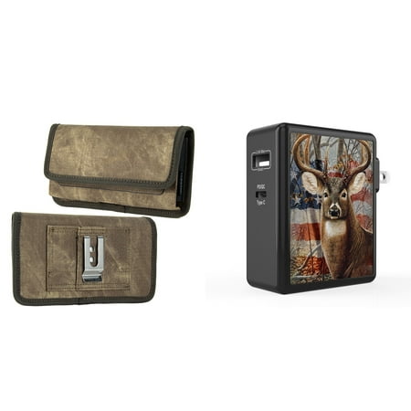 

Holster and Wall Charger Bundle for Samsung Galaxy XCover6 Pro: Rugged Denim Nylon Belt Pouch Case (Tan Brown) and 45W 2 Port (Power Delivery USB-C USB-A) Power Adapter (American Deer Camo)