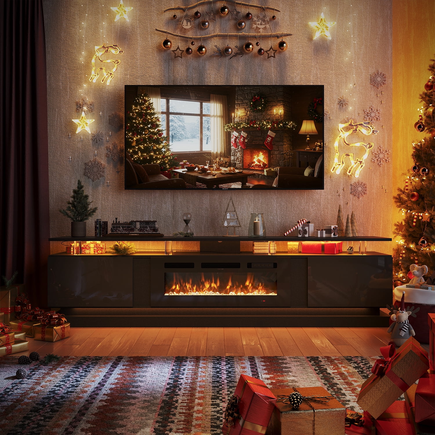 Sonegra Modern Fireplace TV Stand for TVs Up to 90" with Music Sync LED, 80" Entertainment Center with Electric Fireplace, TV Console with Storage Cabinets for Living Room, Black