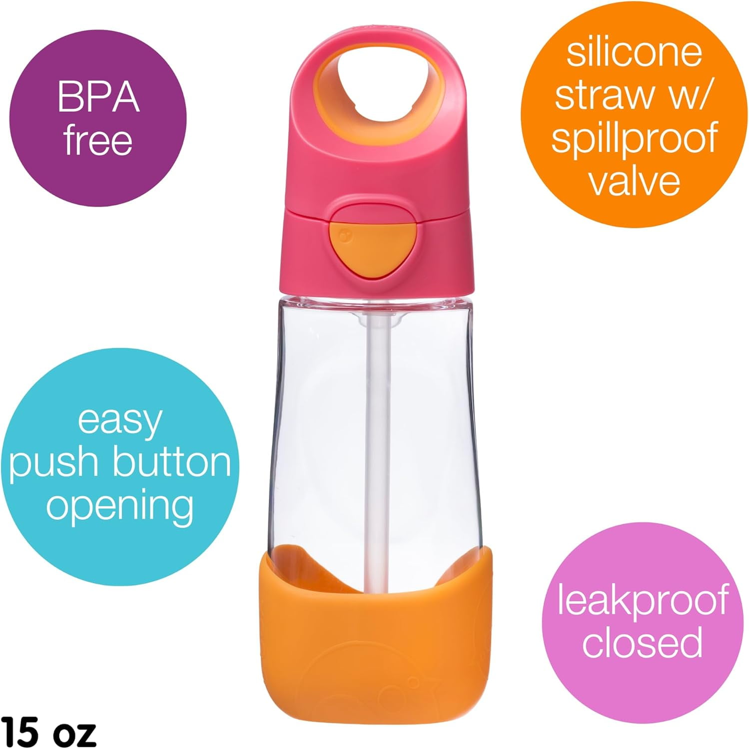 b.box 15 oz Tritan™ Drink Bottle: Kids Water Bottle w/ Straw & Flip Top Lid for School, Travel, Daycare. Spill & Leak Proof. Easy Grip Triangle Shape. BPA Free, Dishwasher Safe. Strawberry Shake