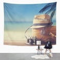 thumbnail image 2 of ZEALGNED Vintage Suitcase Hipster Hat Camera and Passport on Wooden Deck Tropical Sea Wall Art Hanging Tapestry Home Decor for Living Room Bedroom Dorm 60x80 inch, 2 of 2