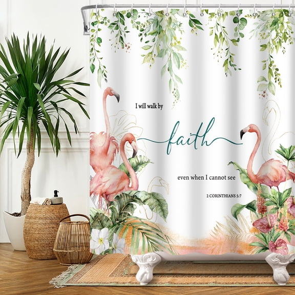 MIZHONA Flamingo Shower Curtain Summer Tropical Plants Fabric Shower Curtains for Bathroom Decor 72x72 in