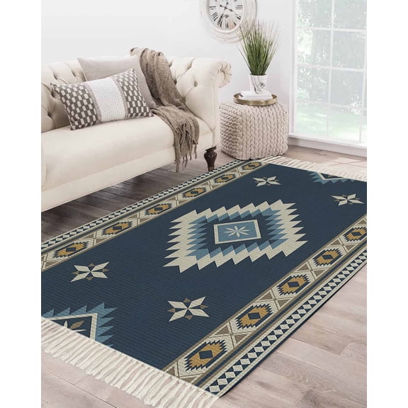 Blue Brown Boho Large Area Rug 4x6ft Woven Runner Rug,Country Southwest Tribal Abstract Motifs Washed Living Room Bedroom Kitchen Bathroom Classroom Carpet with Tassels,Indoor Outdoor Throw Door Mat