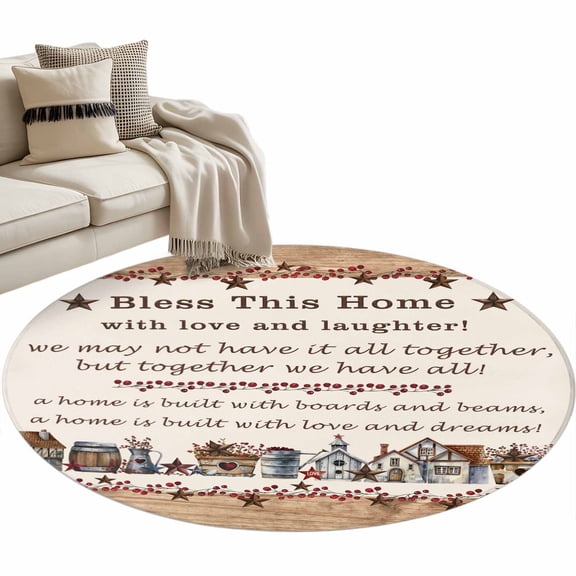 Bless This Round Area Rug 4ft Home Farmhouse Country Star Barn Bucket Berry Non-Slip Washable Circle Rugs Soft Felt Indoor Floor Mat for Bedroom Kitchen Living Room Bathroom