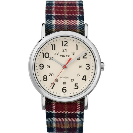 Timex Women's Weekender Red/Black Plaid Watch, Fabric Slip-Thru Strap