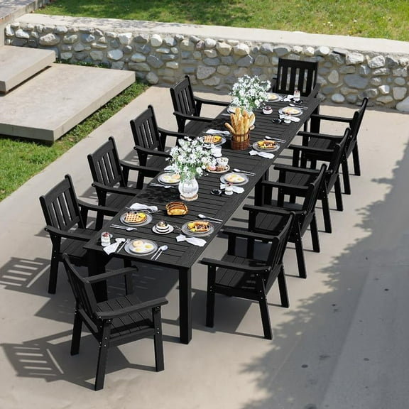 WINSOON 12-Piece HIPS All Weather Outdoor Patio Dining Sets with Umbrella Hole& Aluminum Frame,2-Table 10-Chairs(Black)