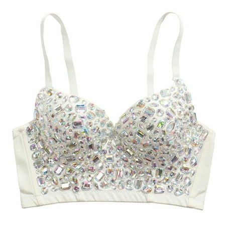 

Women Sexy V-Neck for Rhinestone Bustier Bra Glitter Colored Diamond Gemstone Push Up Corset Camisole Rave Sling Crop To