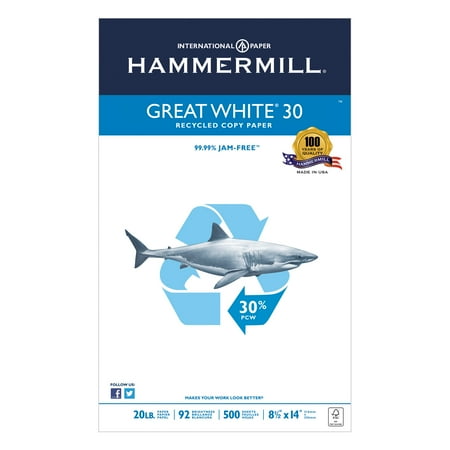 Hammermill Great White Recycled Copy Paper, 92 Brightness, 20lb, 8-1/2 x 14, 500 Shts/Ream