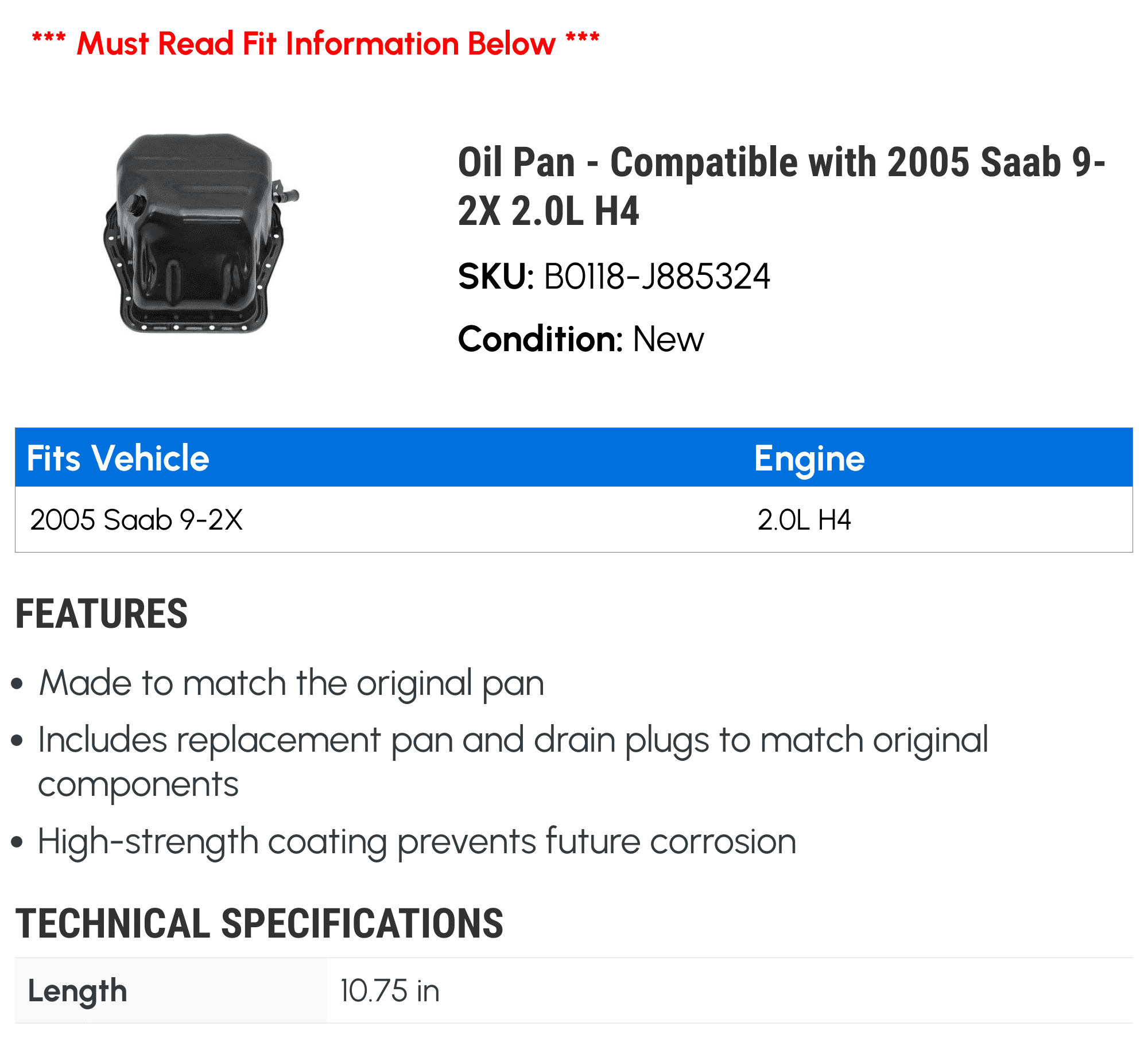 Oil Pan - Compatible with 2005 Saab 9-2X 2.0L H4 - Dorman