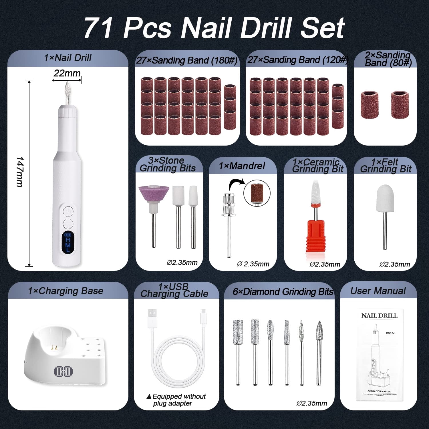 Electric Nail Drill Machine, CIICII LCD Display 20000RPM Electric Nail Drill Kit, for Acrylic Nails, Gel Nails Polish & DIY Manicure- White