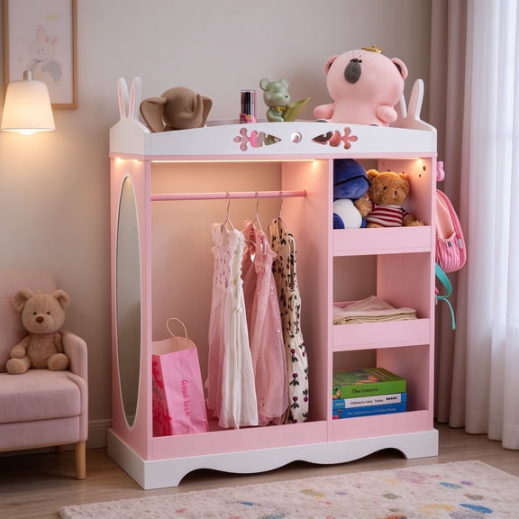 EDOEMSE Pink Children's Wardrobe with Mirror, 3 Shelves & Hanging Rod, MDF & Particleboard Bunny-Ear Cabinet, 34.4" L x 13.4" W x 43.8" H