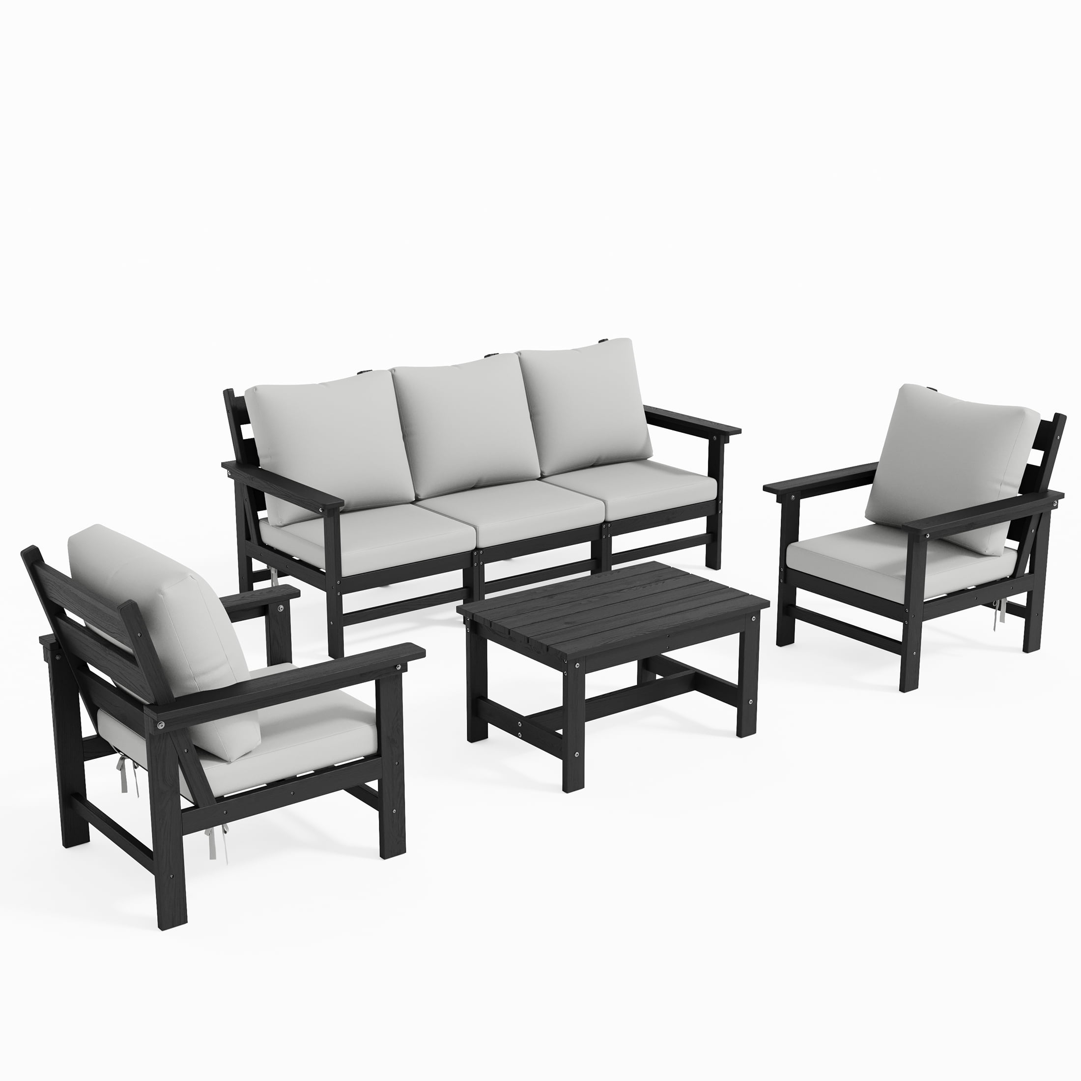 UDPATIO HDPE Patio Conversation Set, 6-Piece Sectional Outdoor Furniture Set, All-Weather Outdoor Couch Set for Deck, Lawn, Black Frame with Grey Cushion