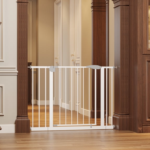 Noble House 44" Wide Pressure Mounted Baby Gate with Cat Door, Walk-Through Steel Pet Safety Gate, White, Set of 2