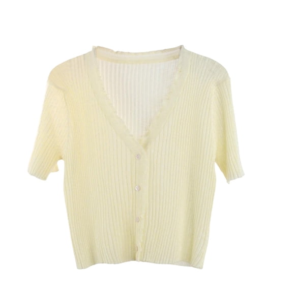 Timegard Women's Button down Cardigan Short Sleeve V Neck Ruffle Cute Comfy Crop Knit Sweater for Fall Casual,Yellow,Free Size