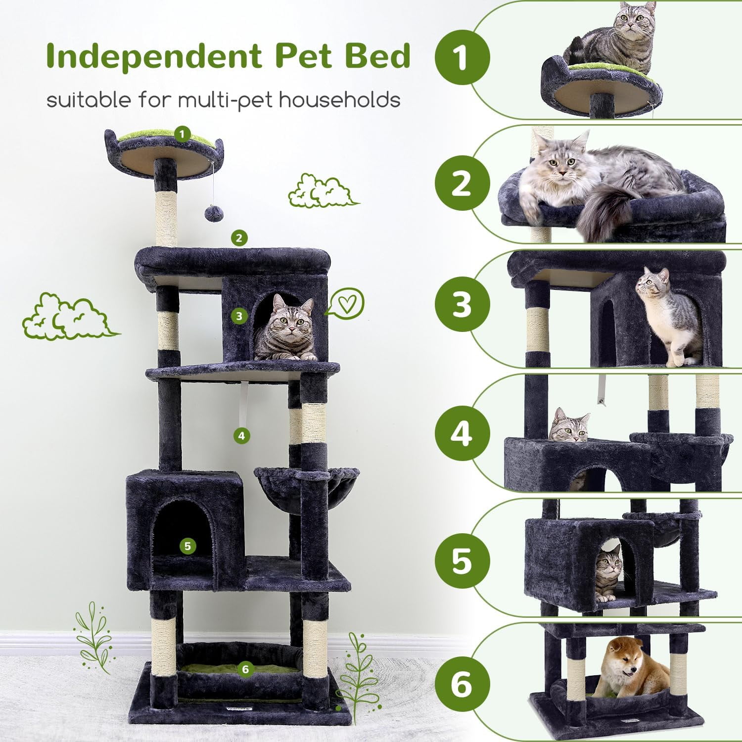 Sturdy 72" Heavy Duty Cat Tree for Large Cats 20 lbs+ with 6 Scratching Posts & Hammock, CT73S, Dark Gray