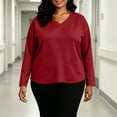 thumbnail image 5 of thefmos Women's V Neck 3/4 Sleeve Pullover Blouse with Pocket Plus Size Solid Color Casual Top Trendy Fall Spring Outfit, Red XL, 5 of 9