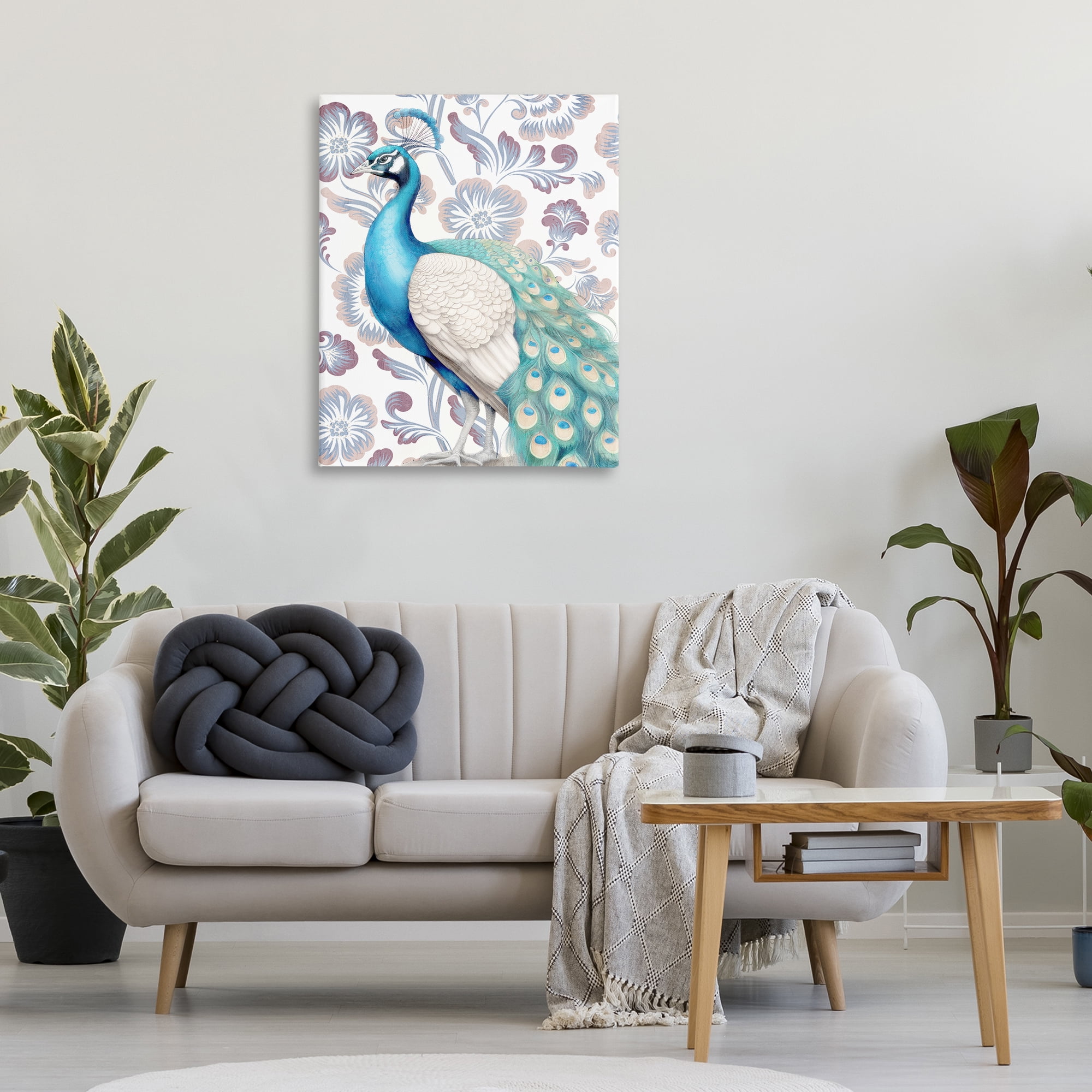 Stupell Industries Peacock on Floral Pattern Animals Painting Wrapped Canvas Art Print Wall Art, 30 x 40