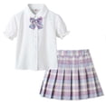 thumbnail image 4 of Cotton Two Piece Skirt Set for Girls Summer Puff Sleeve Collared Top Plaid Skirt Bow Tie Preppy School Uniform Outfit for Class Photos Party Recital, 4 of 6