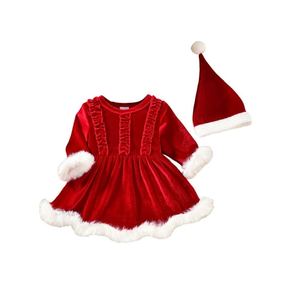 Gzhioc Infant Baby Girls Christmas Fall Romper Dress 0 3 6 9 12 18 Months Plush Patchwork Long Sleeve Jumpsuits and Cute Santa Hat Clothes Set