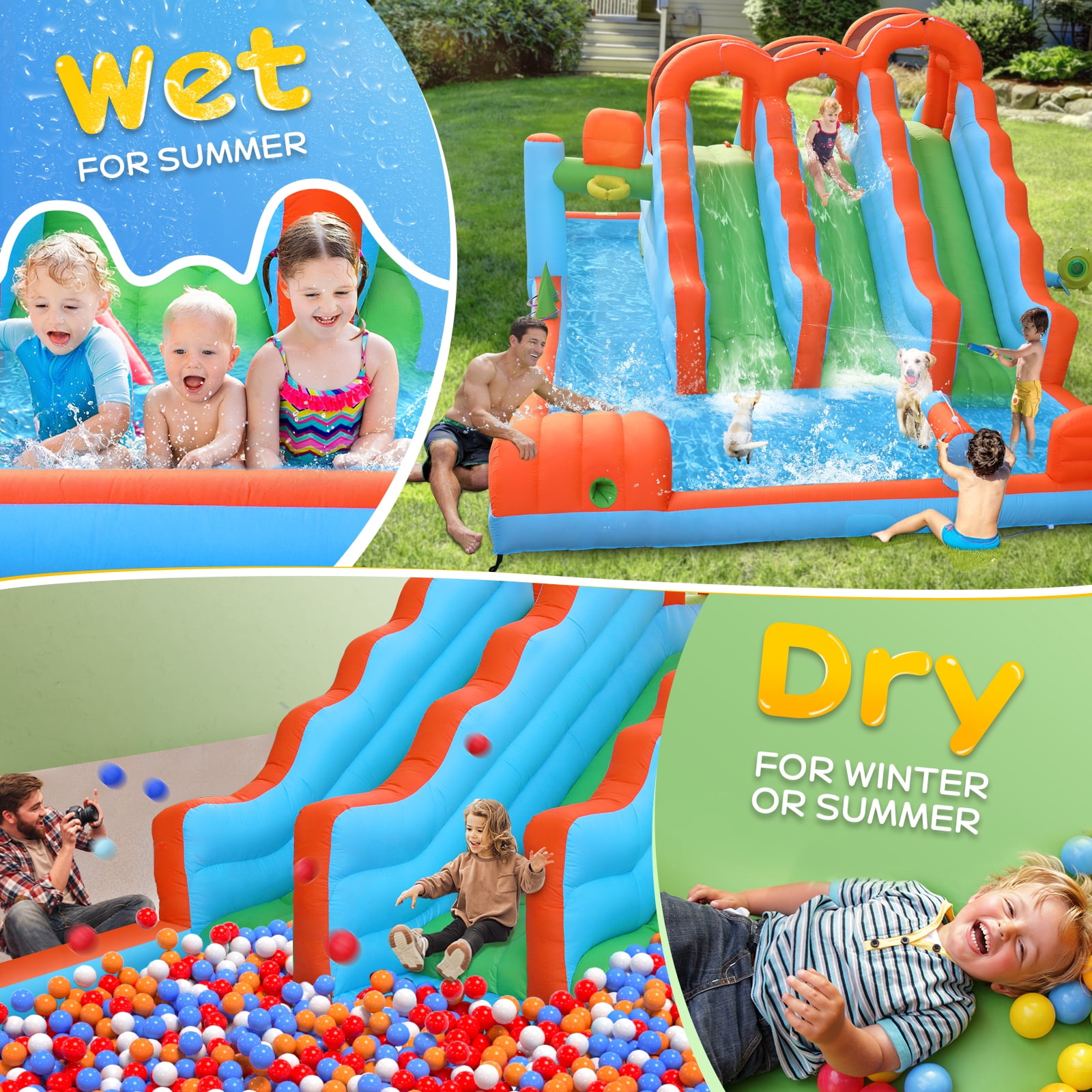 Ktaxon Inflatable Bounce House with Triple Slides and Upgraded Climbing Wall, Water Slide Bounce House with Blower, Inflatable Water Slide Park for Party, Backyard, Lawn