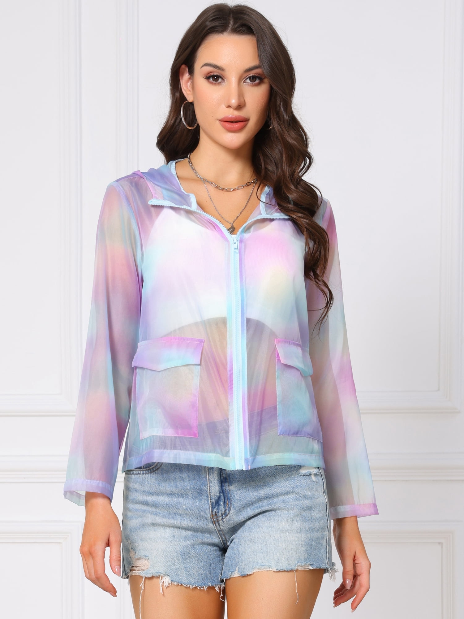 DARING DIVA Women's Mesh Sheer Hooded Long Sleeve Zipper Lightweight Jacket S Purple Green