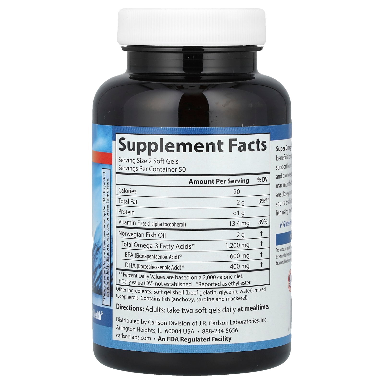 Carlson - Super Omega-3 Gems, 1200 mg Omega-3s, Norwegian, Wild Caught, Sustainably Sourced, Bonus Bottle, 100+30 Softgels