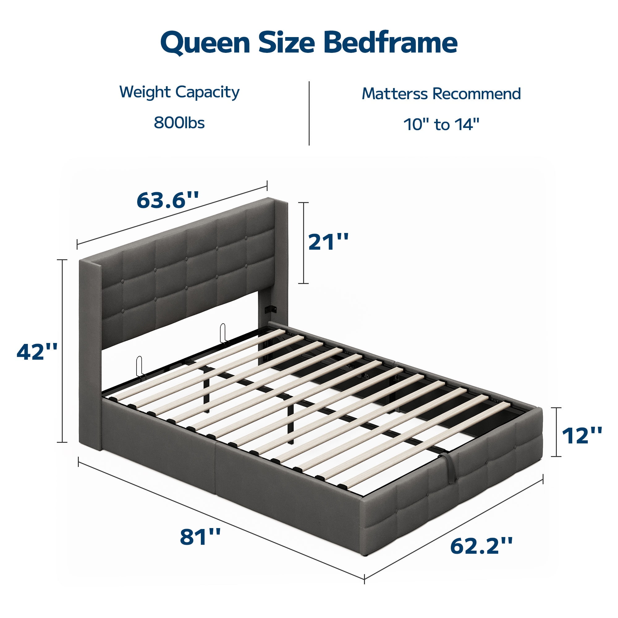 Asofer Queen Bed Frame, Lift-Up Storage w/Modern Wingback Headboard, No Box Spring, Gray