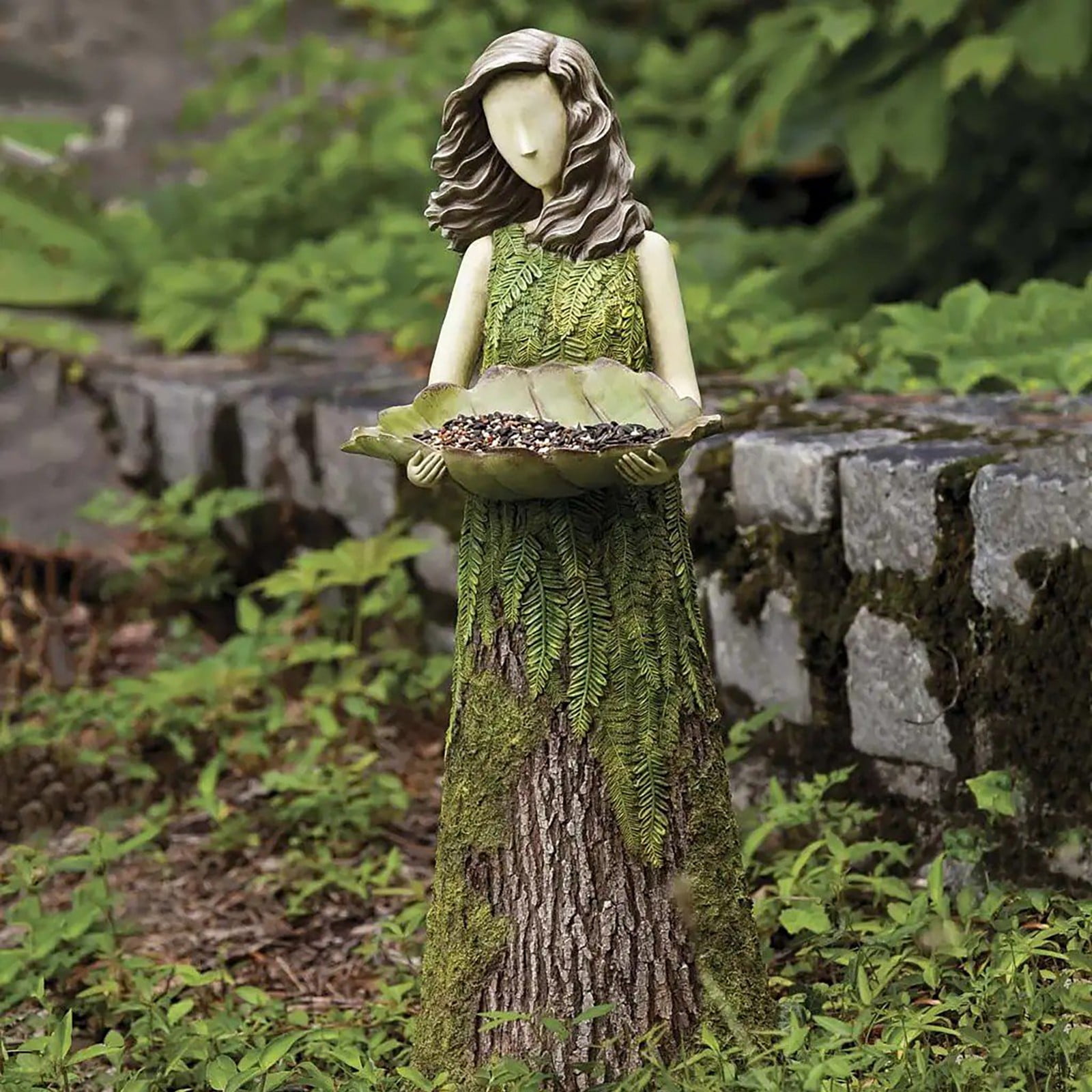 Zen Woman with Bird Sculpture Accent Bowl and Bird Feeder Garden Statue 
