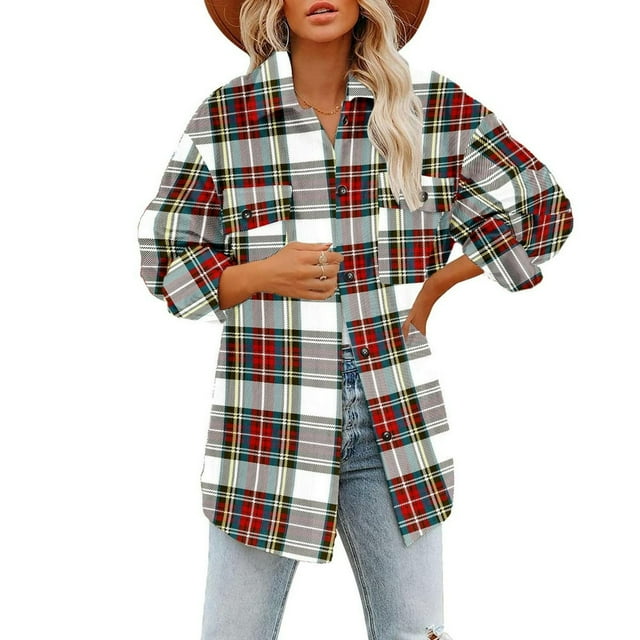 Women‘s Plaid Shirts Long Sleeve Flannel Lapel Button Down Pocketed Shacket Jacket Coats