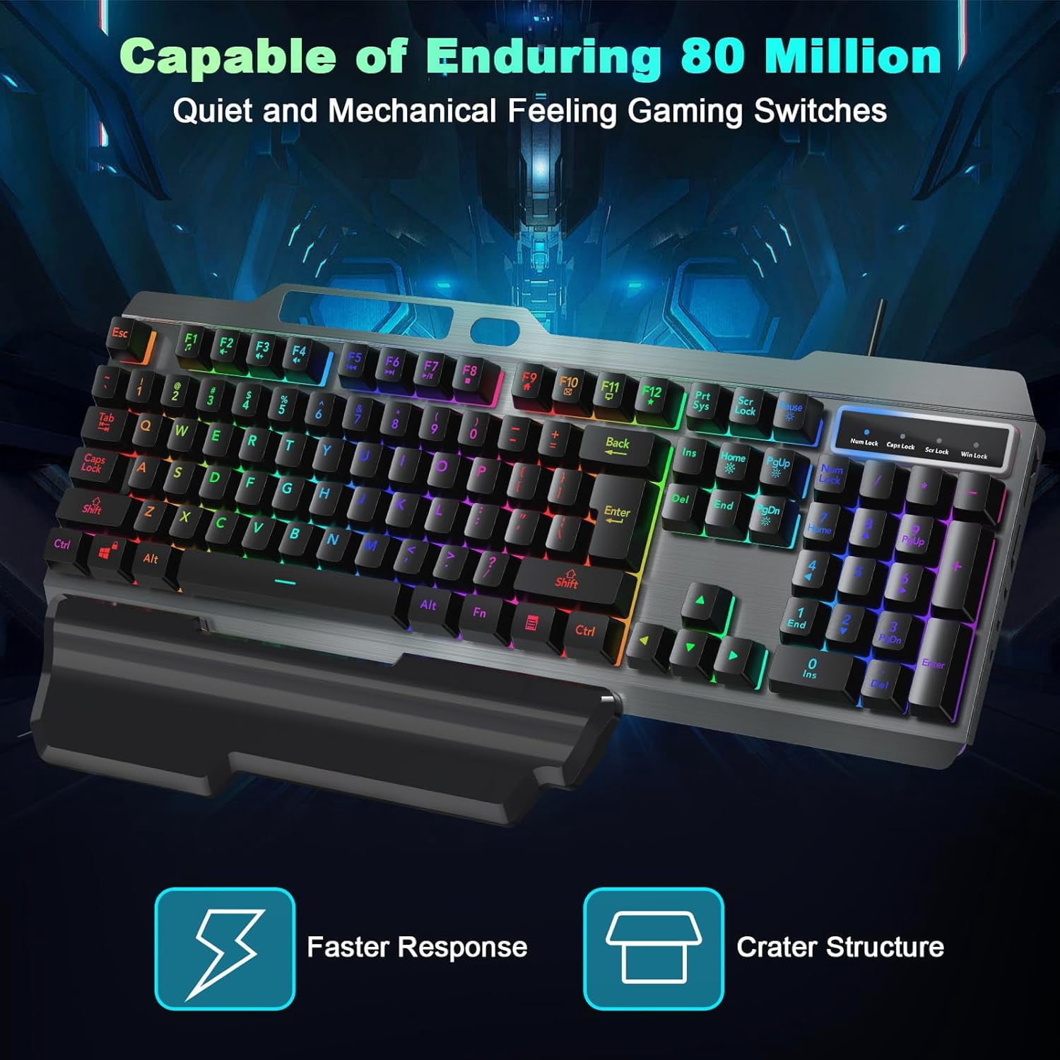 RaceGT Wired Gaming Keyboard, Colorful LED Backlit Anti-ghosting Computer Keyboard with Wrist Rest, Spill-Resistant Design, Multimedia Keys, Quiet Ergonomic Keyboard for Windows Laptop PC Mac