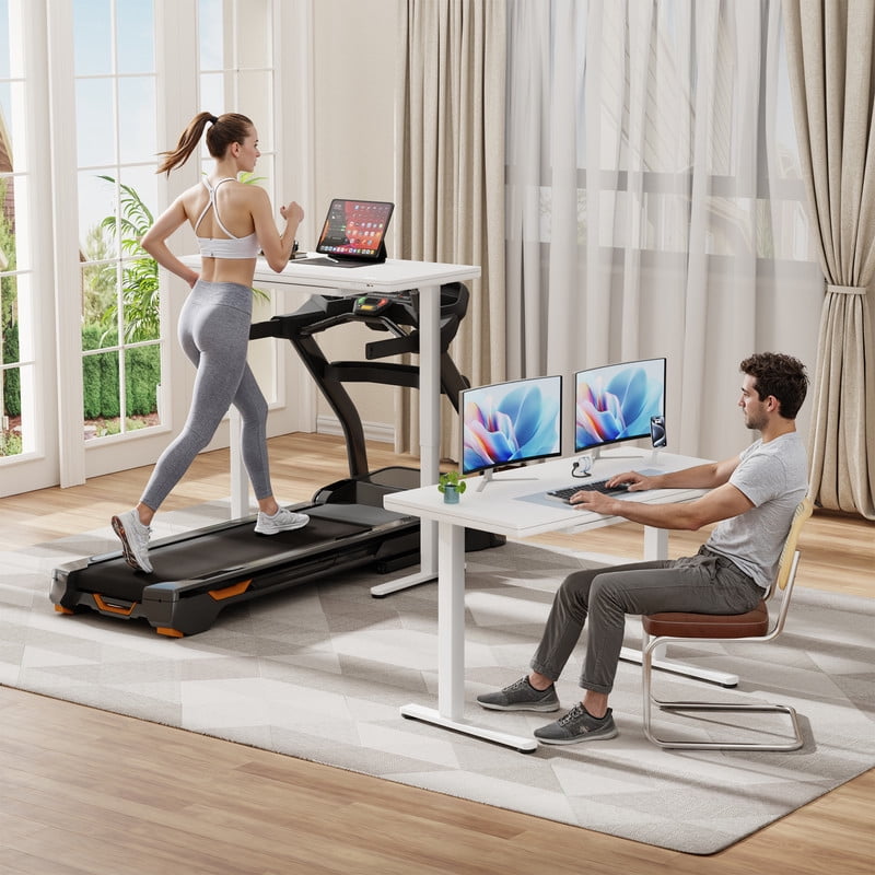 Homall 48" x 24" Wood Top Electric Standing Desk with Drawer, Height Adjustable Desk with Phone Stand & Charging Ports, Sit Stand up for Home Office,White