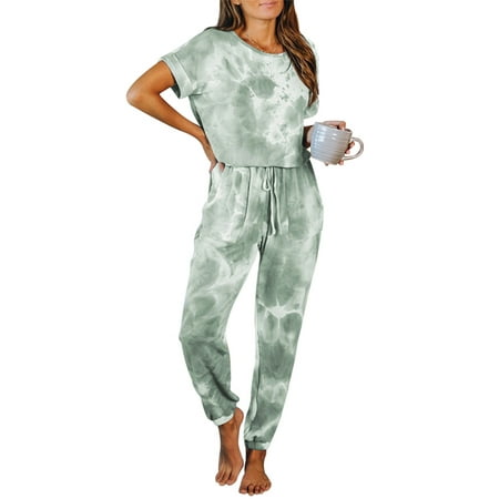 

Colisha Women Loose Pajamas Sets Two Pieces Outfits Nightwear Sleepwear Set Short Sleeve Tops and Pants With Pockets Lounge Suits