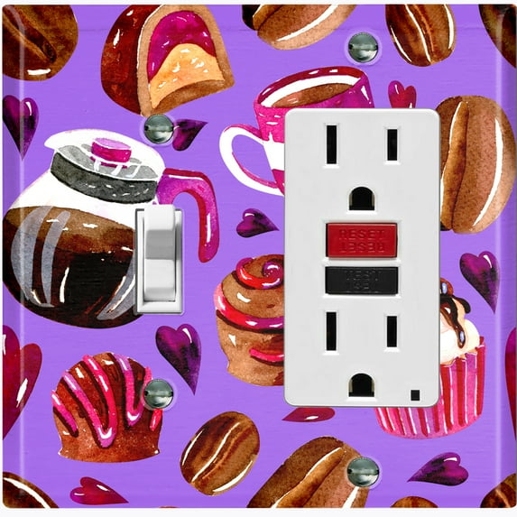 Metal Light Switch Wall Plate Outlet Cover (Coffee Mocha Candy Bean Toffee Swirl Cupcake Coffee Maker Purple Pink Hearts - Single Toggle Single Rocker)