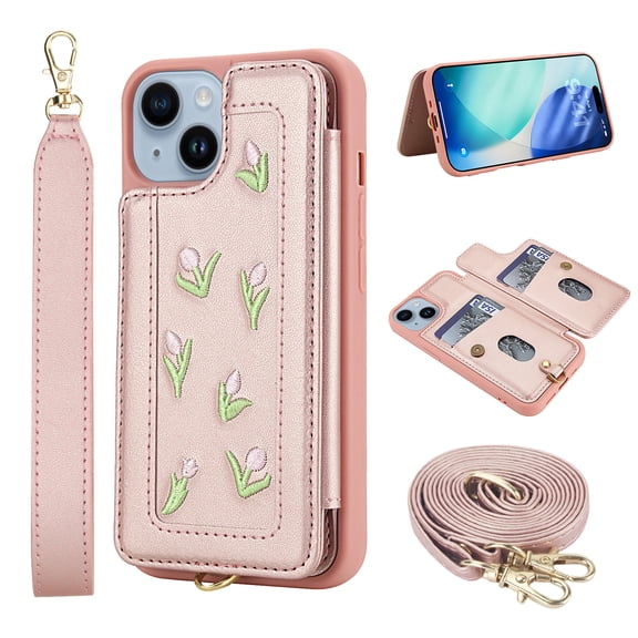 Flower Colored Knit Pattern Wallet Case for iPhone 15 Plus, Elegant PU Leather Card Slots Kickstand Handstrap Crossbody Strap Heavy Duty Protective Magnetic Clasp Rugged Flip Cover, Rosegold