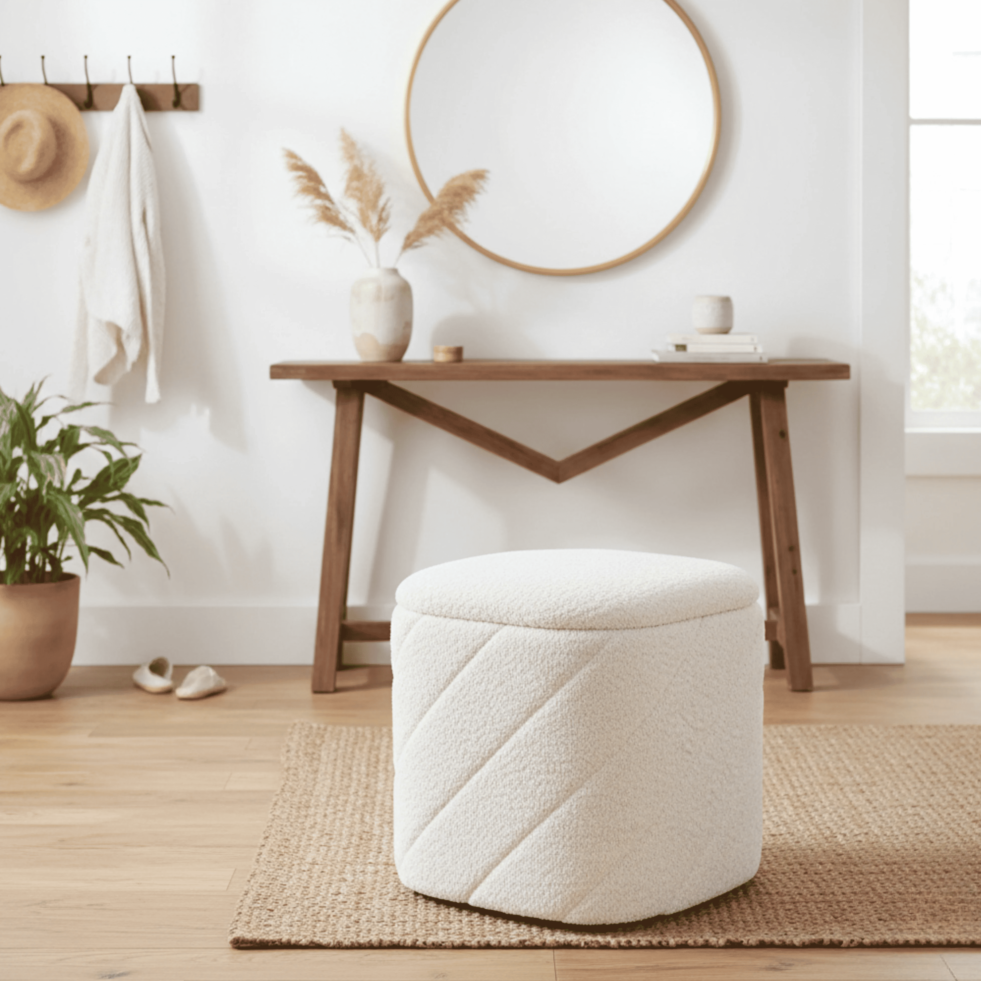 Aria Home Diagonal Tufted Cube Ottoman with Storage, Upholstered Footrest 15" Stool, Ivory