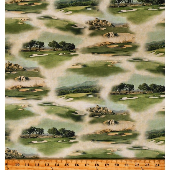 Cotton Golf Course Golfing Sports Activity Holes Fore Green Cotton Fabric Print by the Yard (Y3746-12-KHAKI)