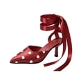 thumbnail image 2 of hoksml Women Pointed Toe Slingback Heels, Polka Dot Satin Upper Ankle Wrap Tie Strap Stiletto High Heel Pumps, 2 of 9